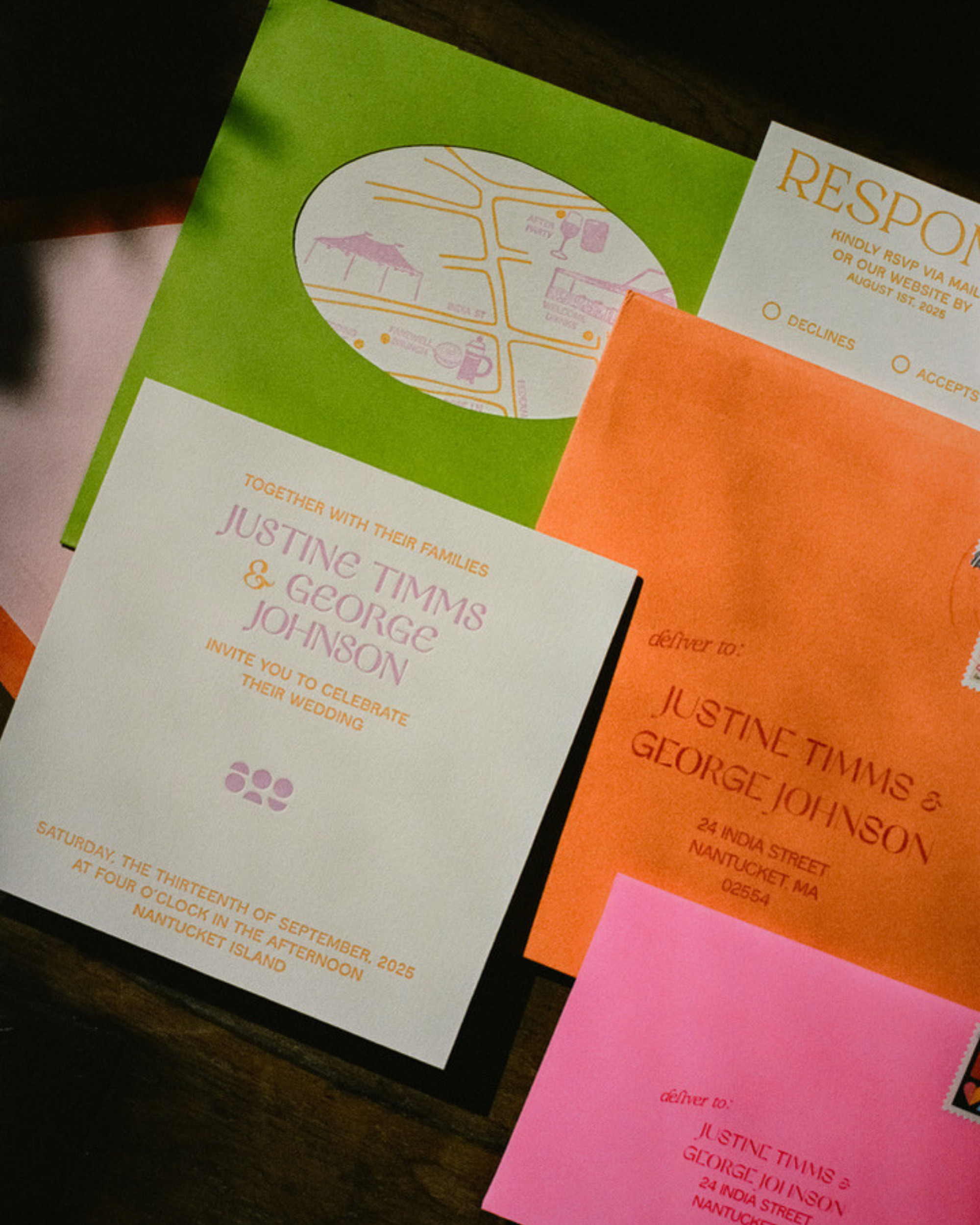 Collection of wedding invitations with different colors and designs.
