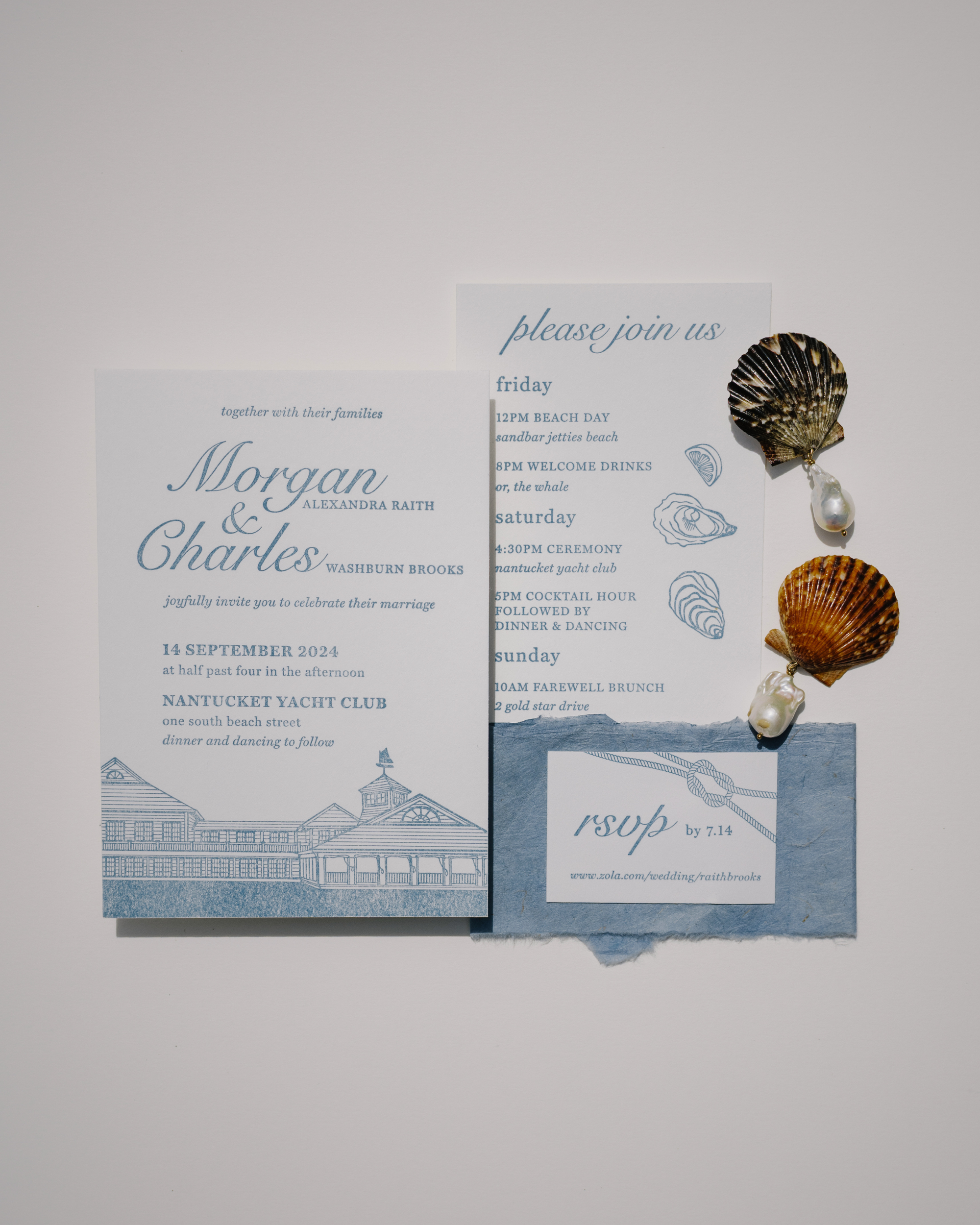 Nautical-themed wedding invitation set with seashells on a white background