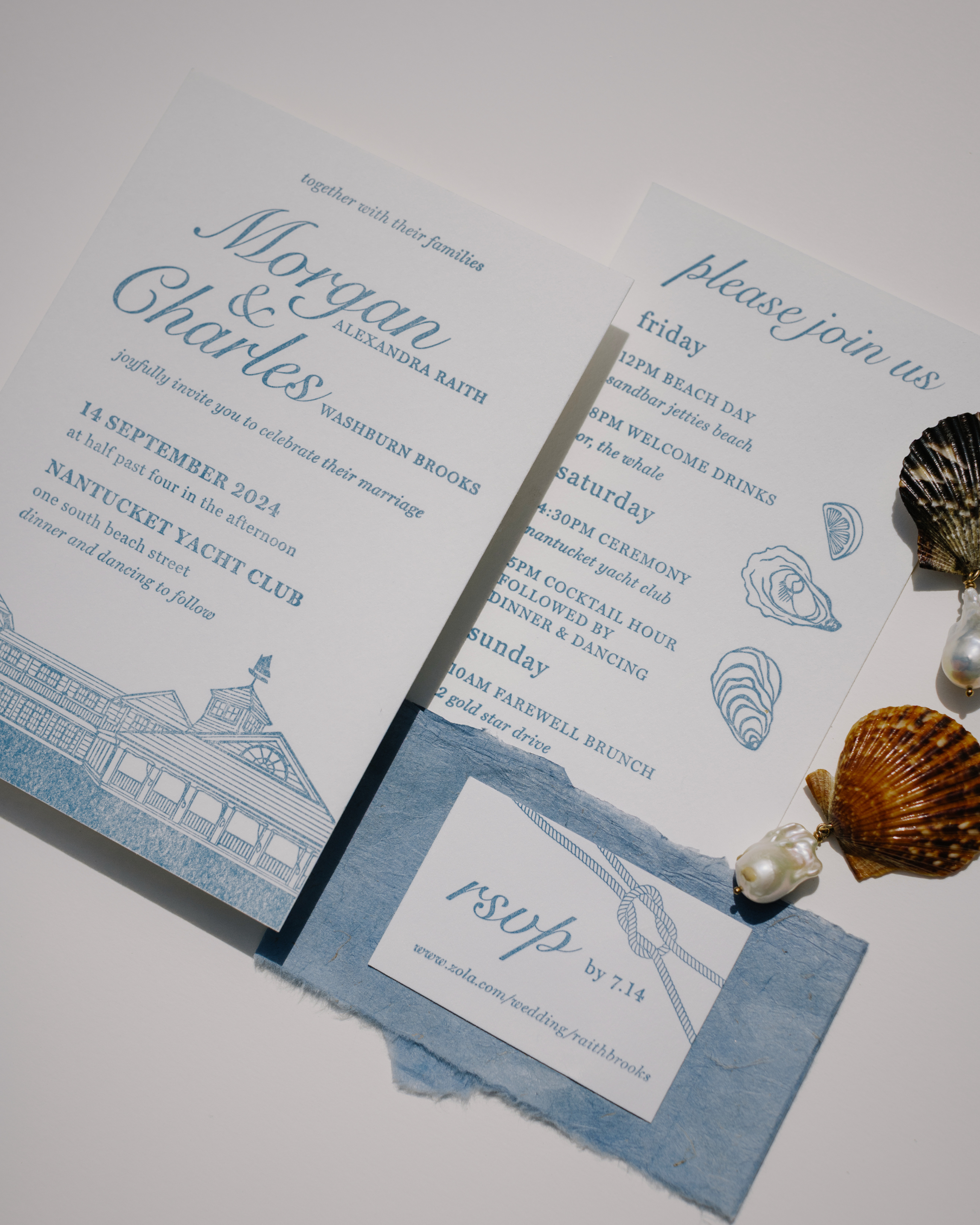 Nautical-themed wedding invitation with seashells and pearls on a white background