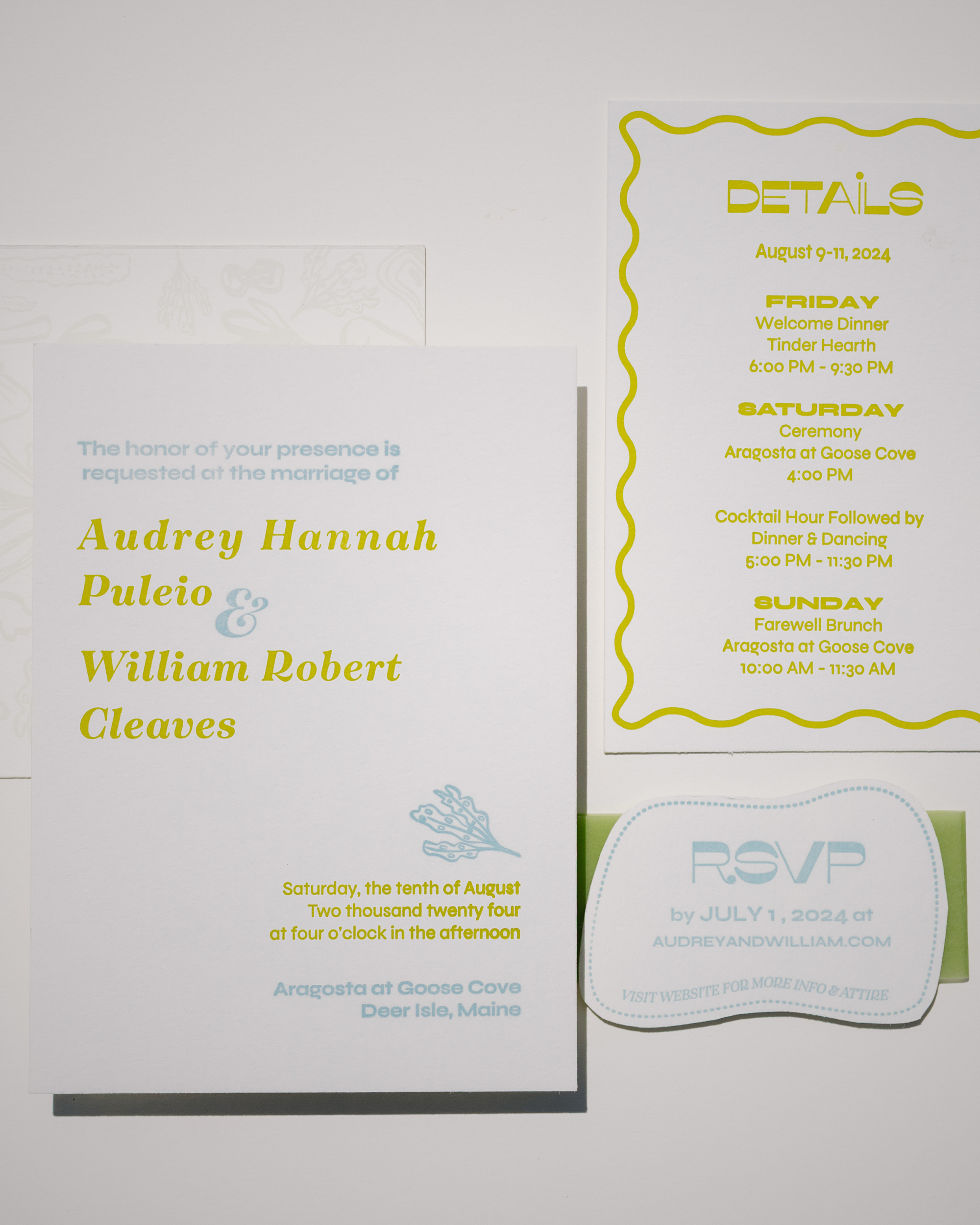 Wedding invitation card with RSVP card on a white background