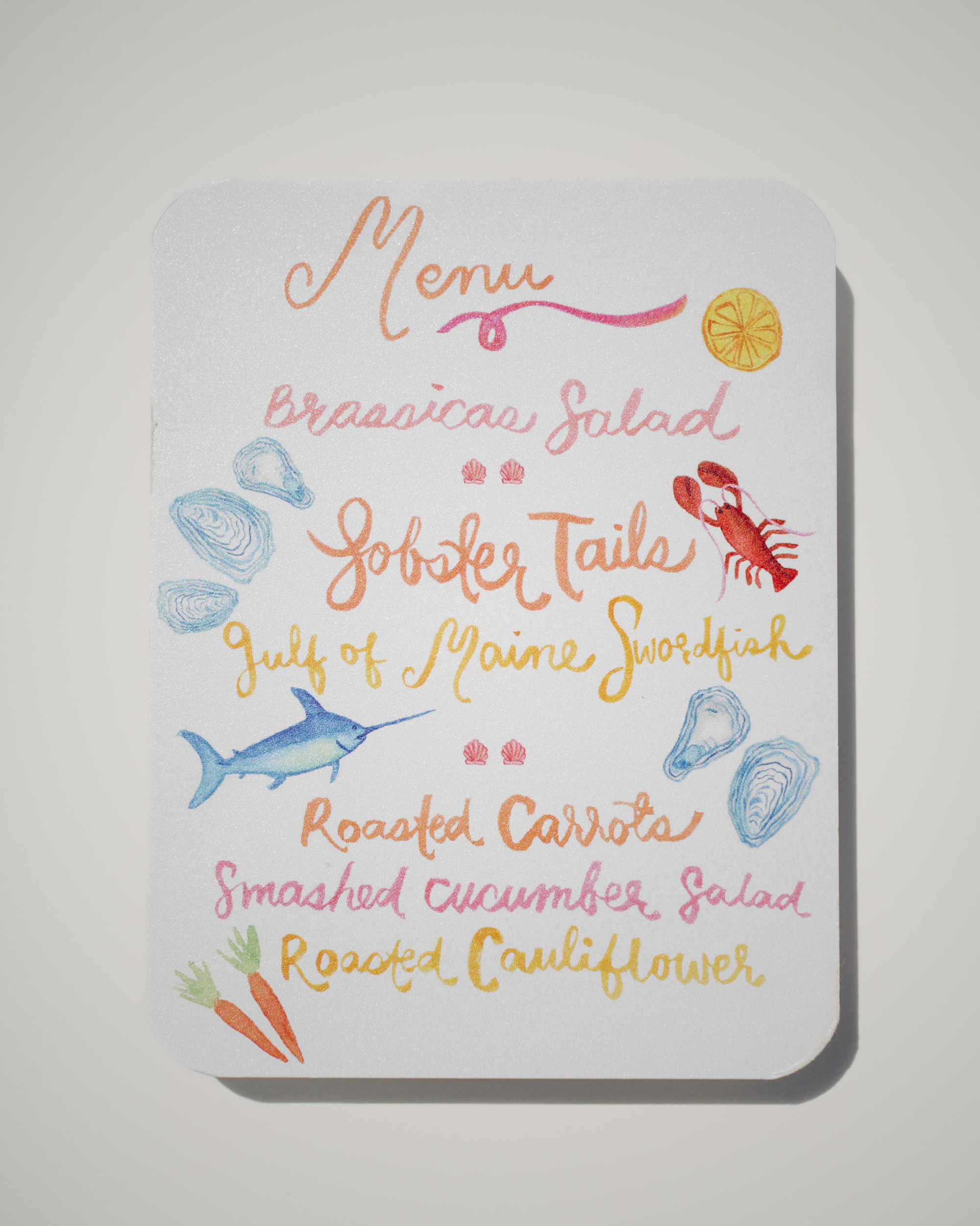 Colorful menu card with hand-drawn illustrations of seafood on a light gray background