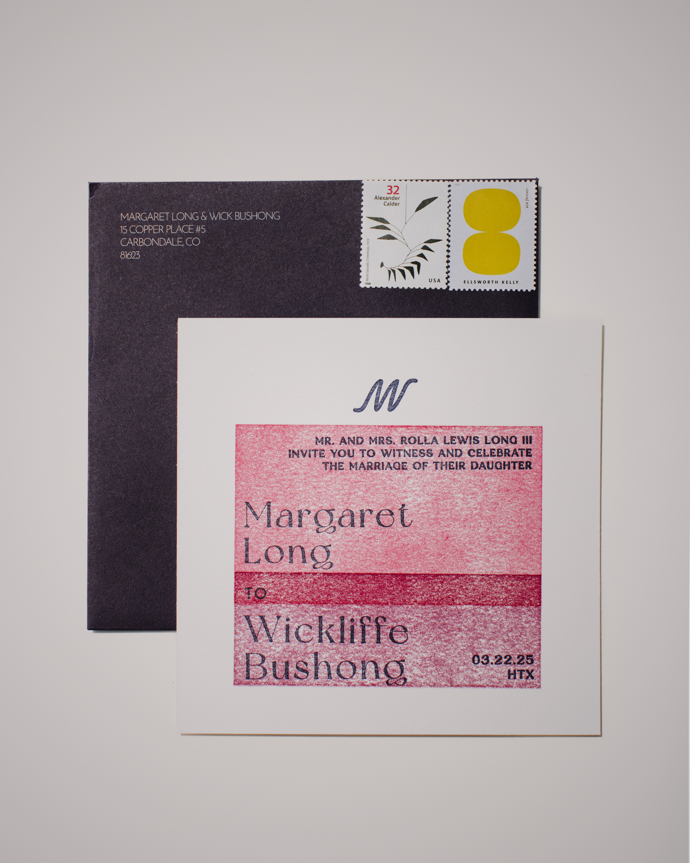 Invitation card with a pink and purple design on a gray background