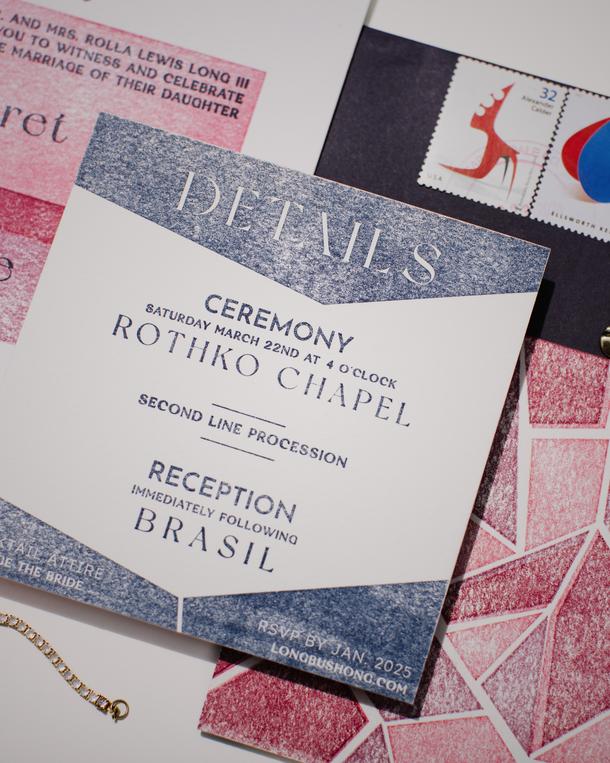 Wedding invitation with details on a textured surface