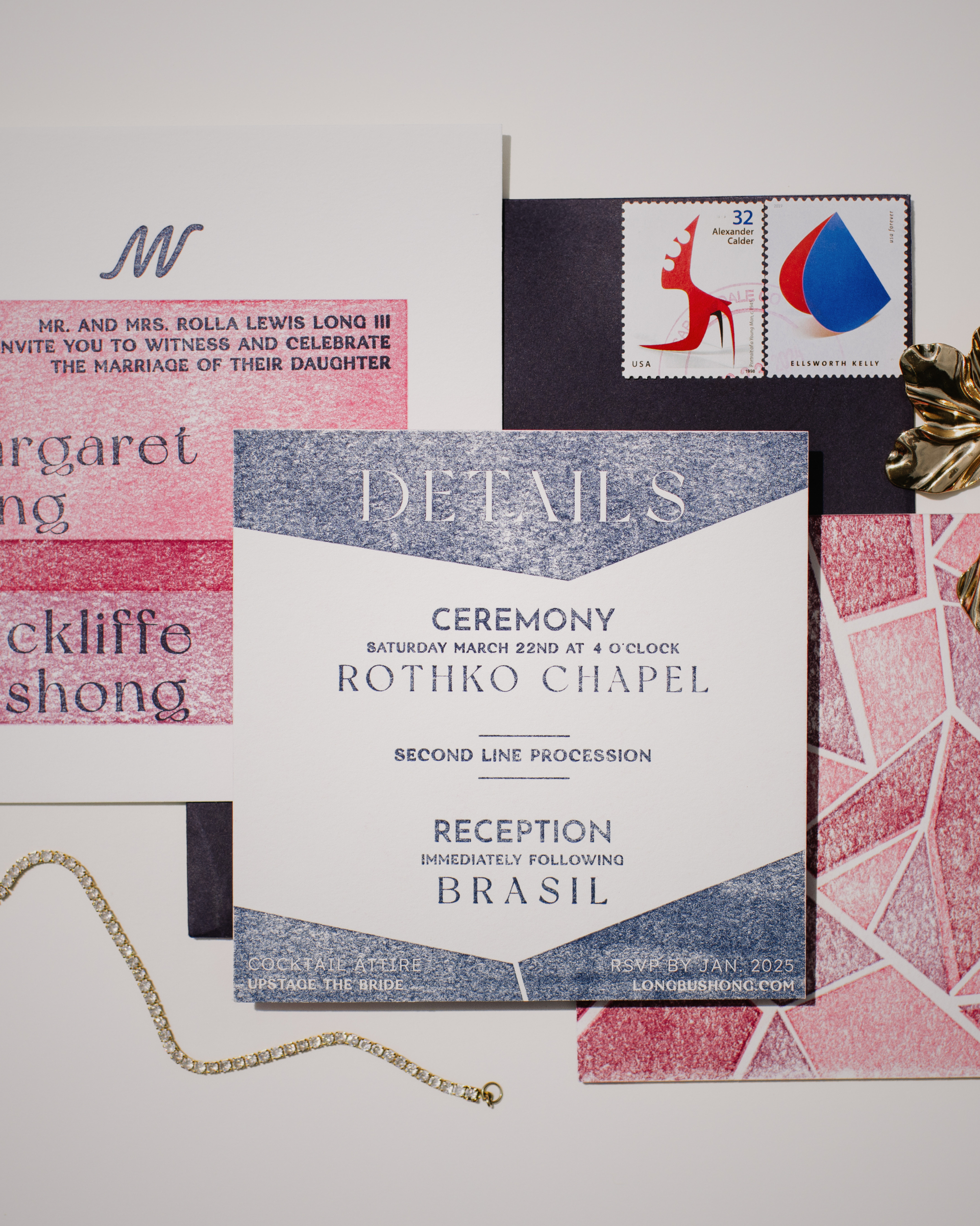 Wedding invitation card with decorative elements on a textured surface