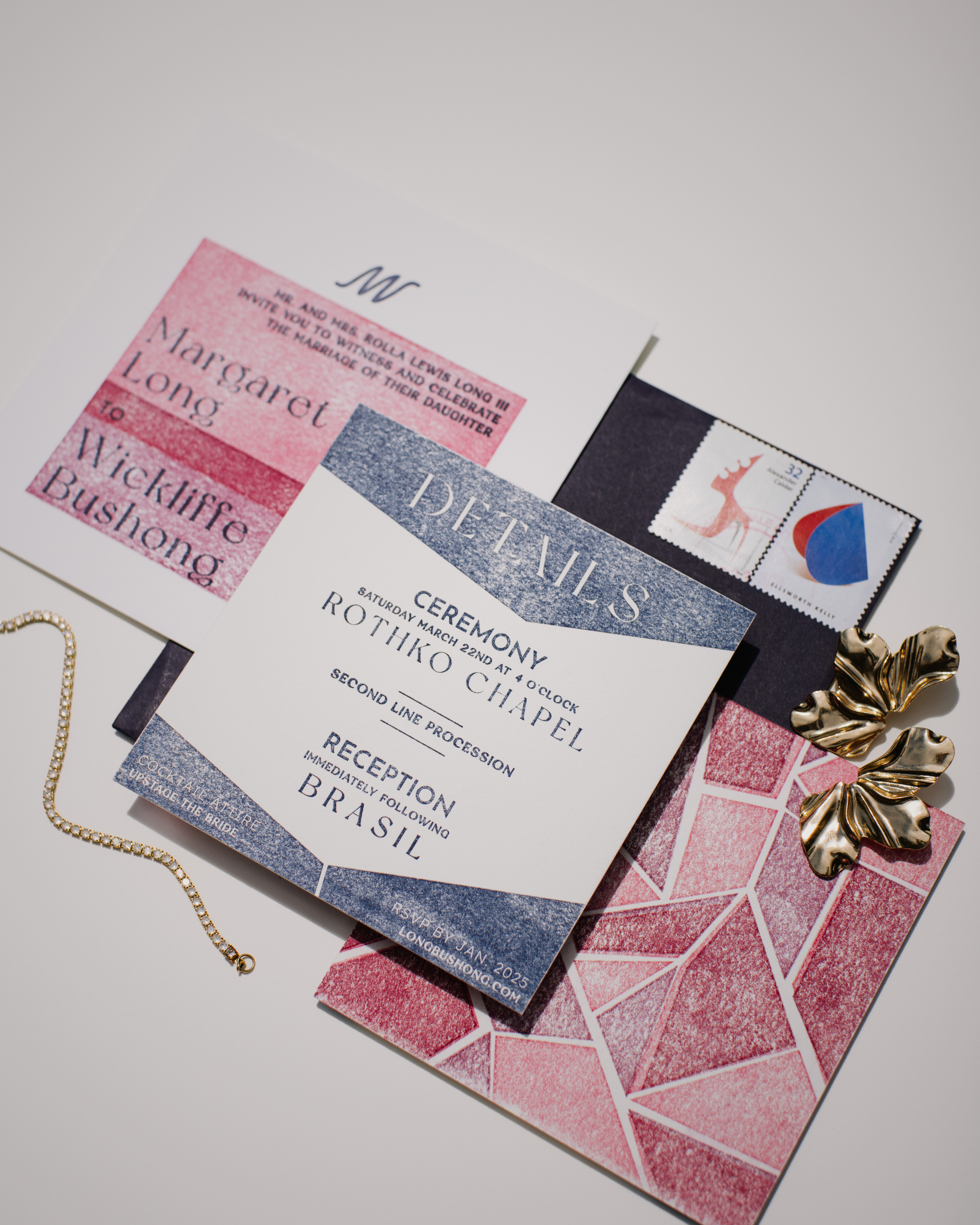 Colorful wedding invitation with geometric design on a light gray background