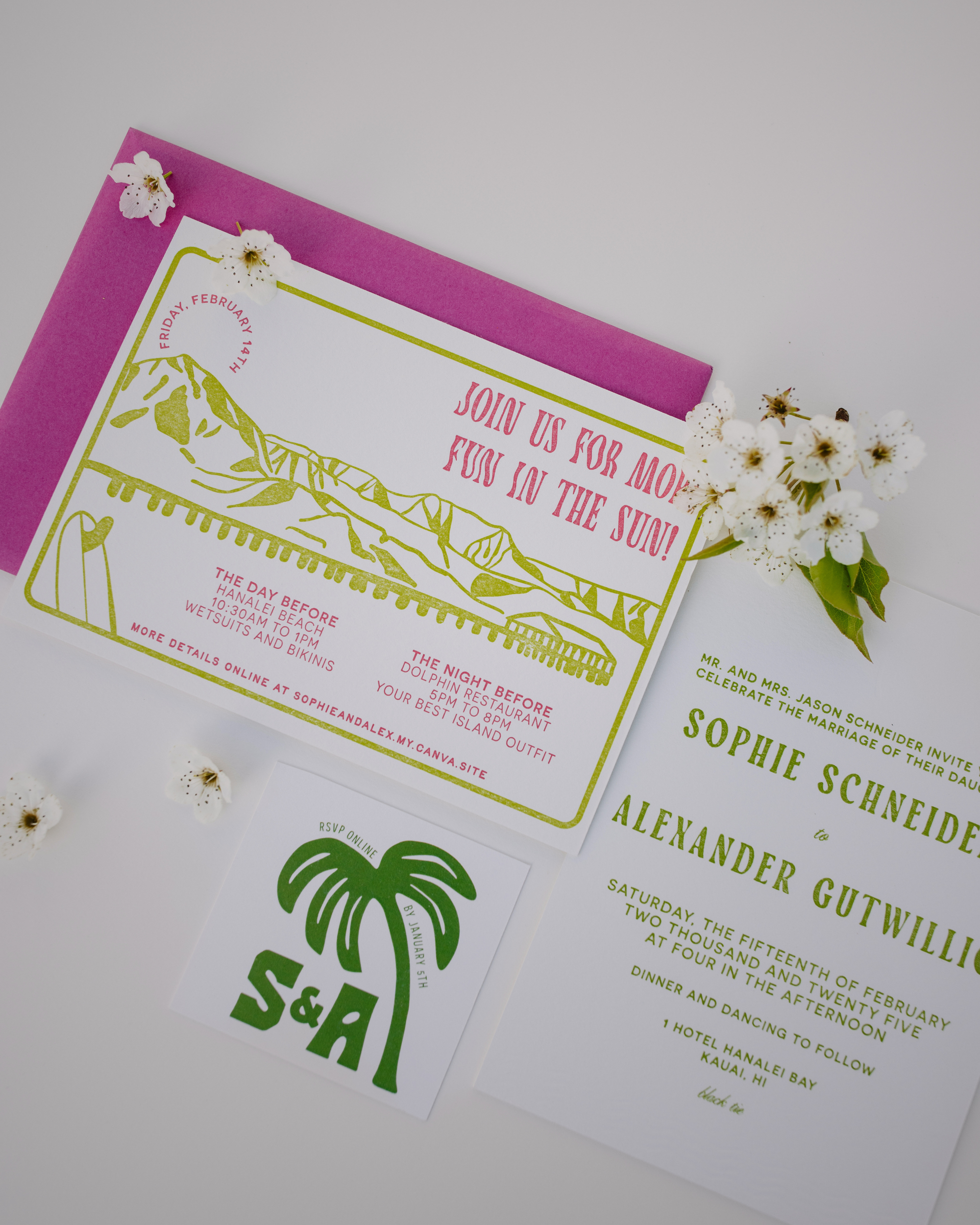 Wedding invitation with green text and pink envelope on a white background