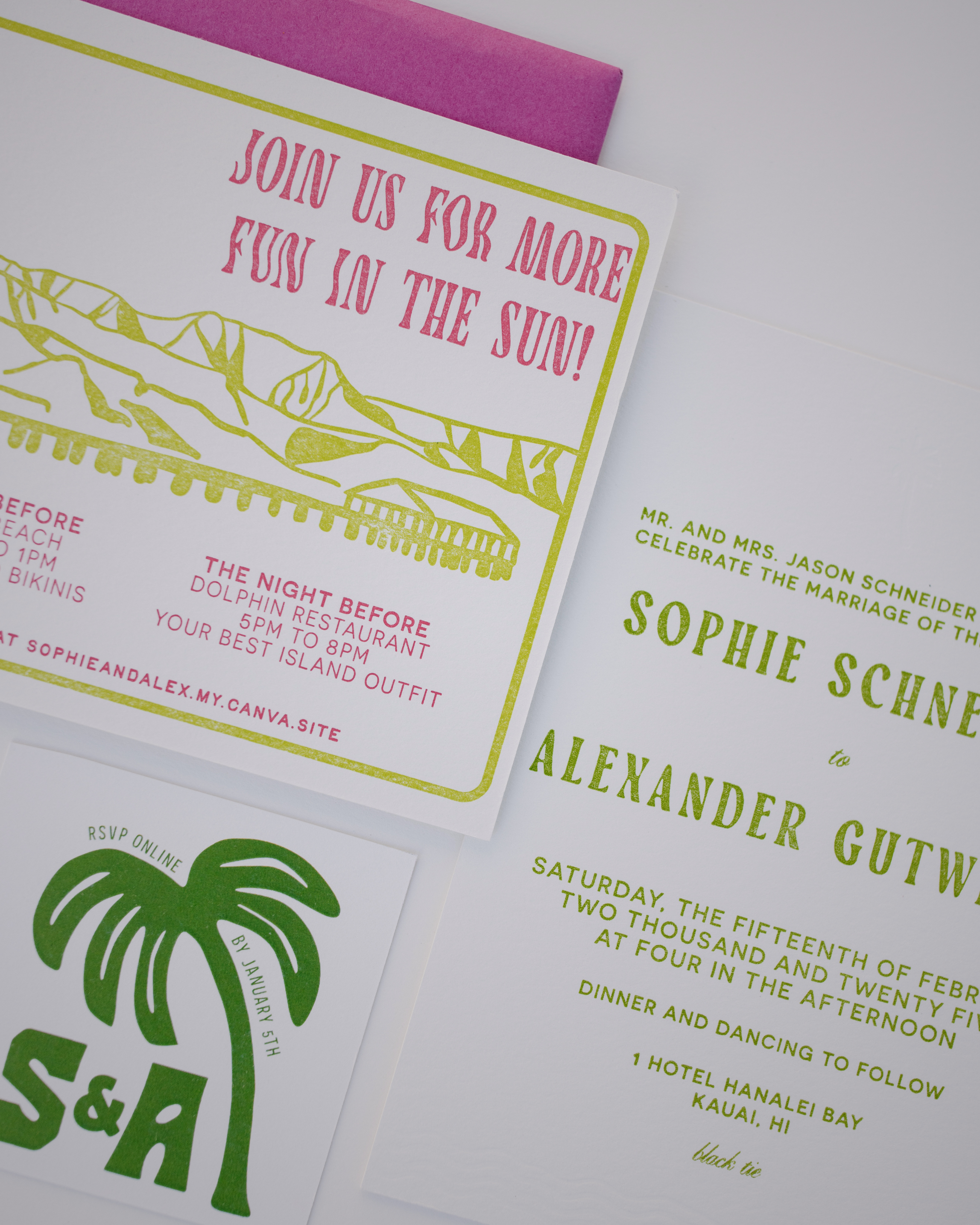 Wedding invitation with palm tree design and text on a white background