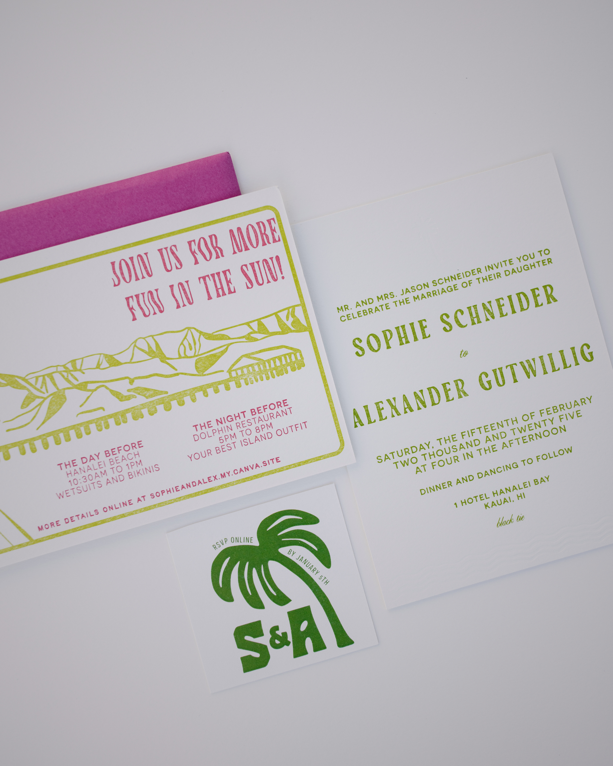 Custom letterpress wedding invitation set with green palm tree design and 'S&A' initials.