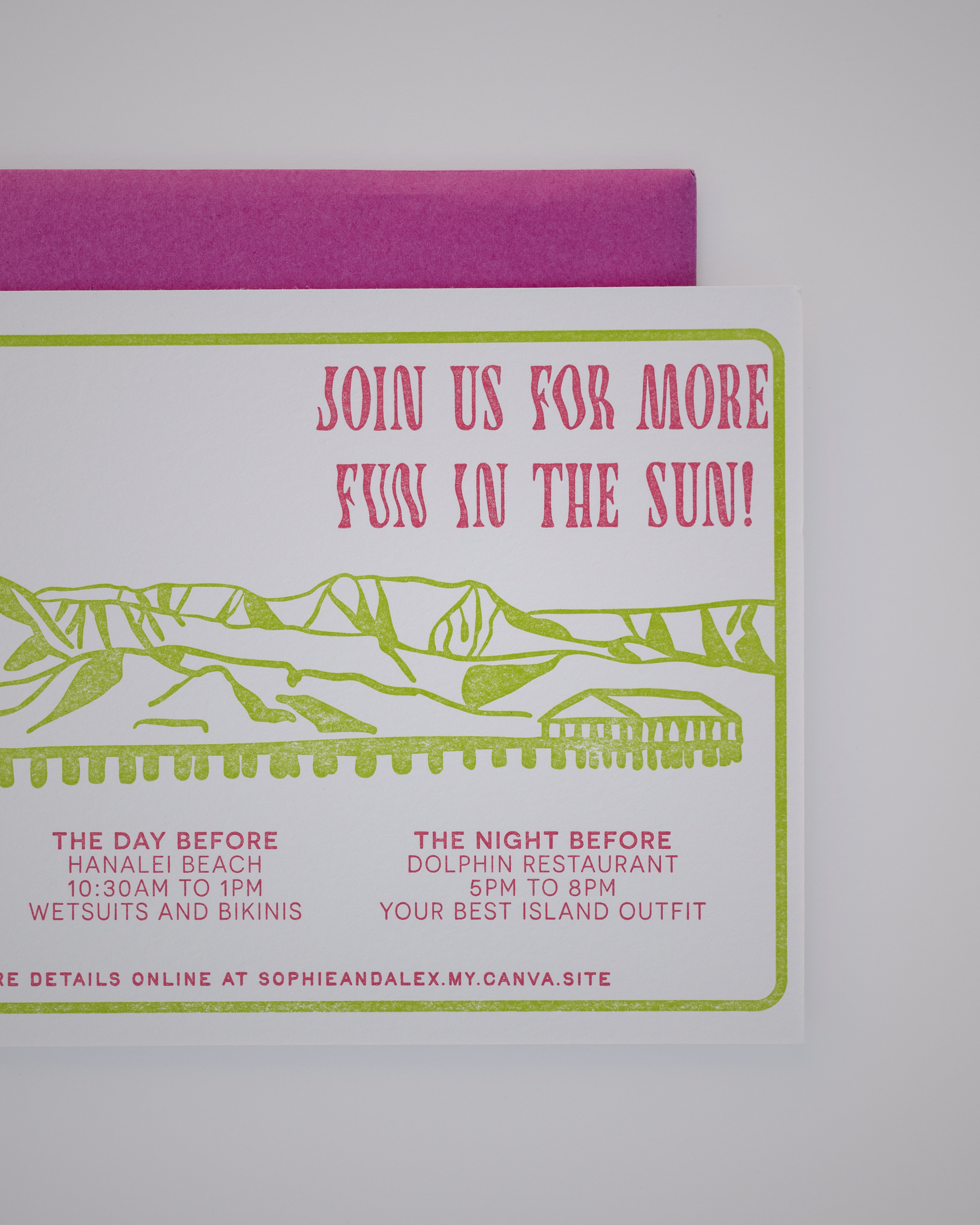 Custom letterpress wedding invitation with text and a scenic Kauai illustration on a white background.
