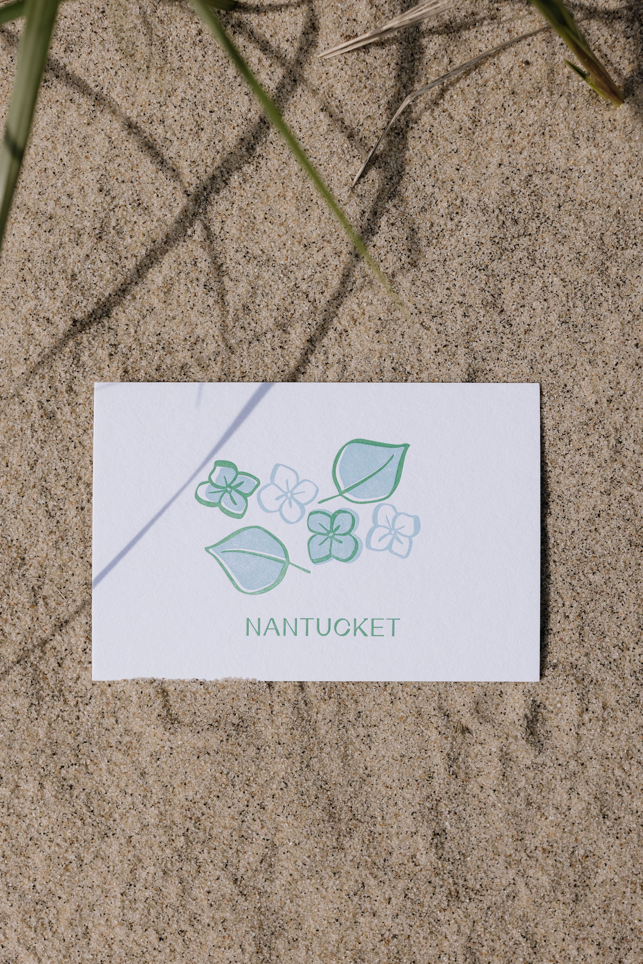 Postcard with leaf designs and 'Nantucket' text on sand