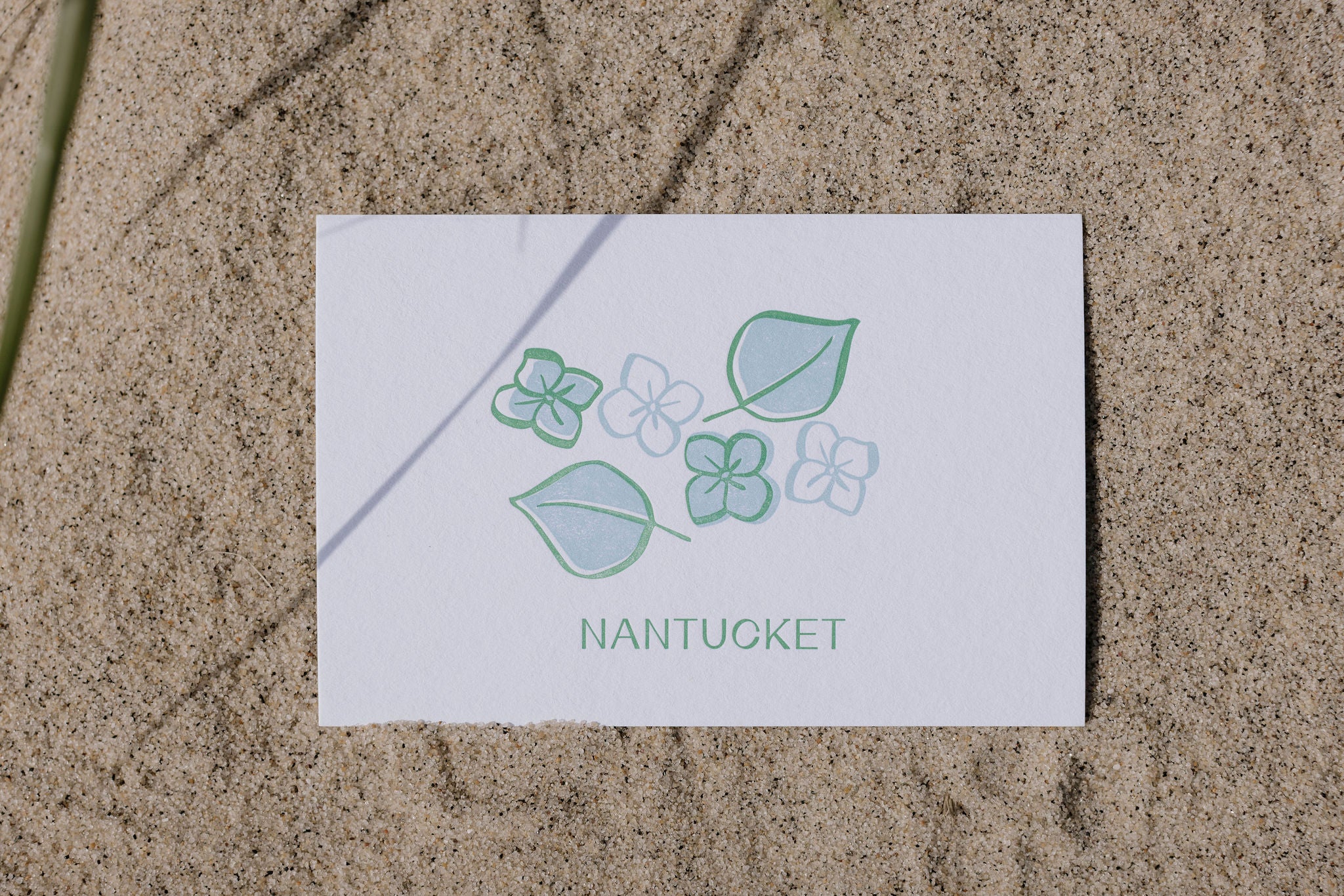 Postcard with leaf designs and 'Nantucket' text on sand