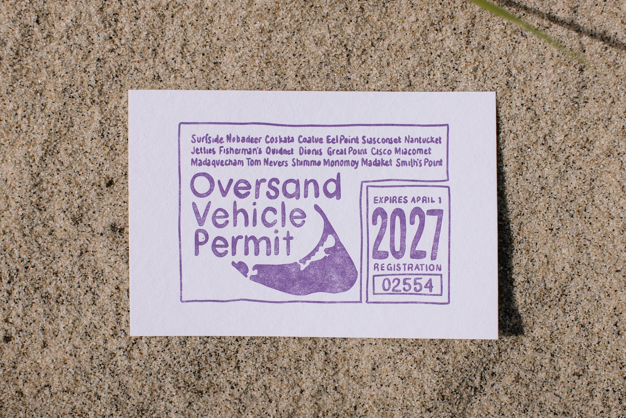Postcard with purple Oversand Nantucket Vehicle permit illustration on sand