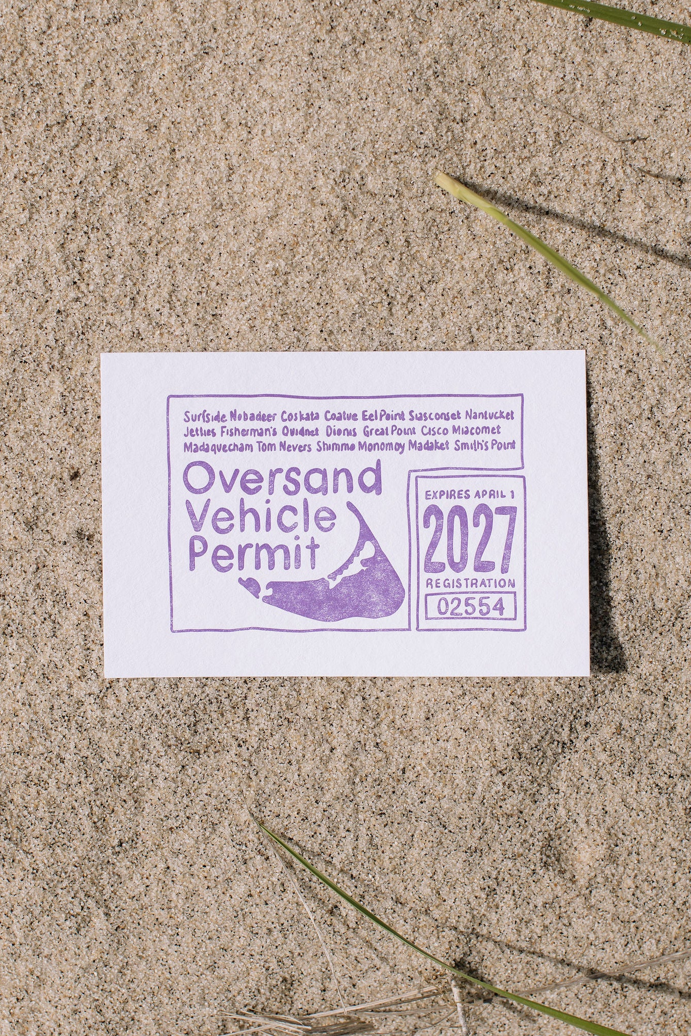 Postcard with purple Oversand Nantucket Vehicle permit illustration on sand