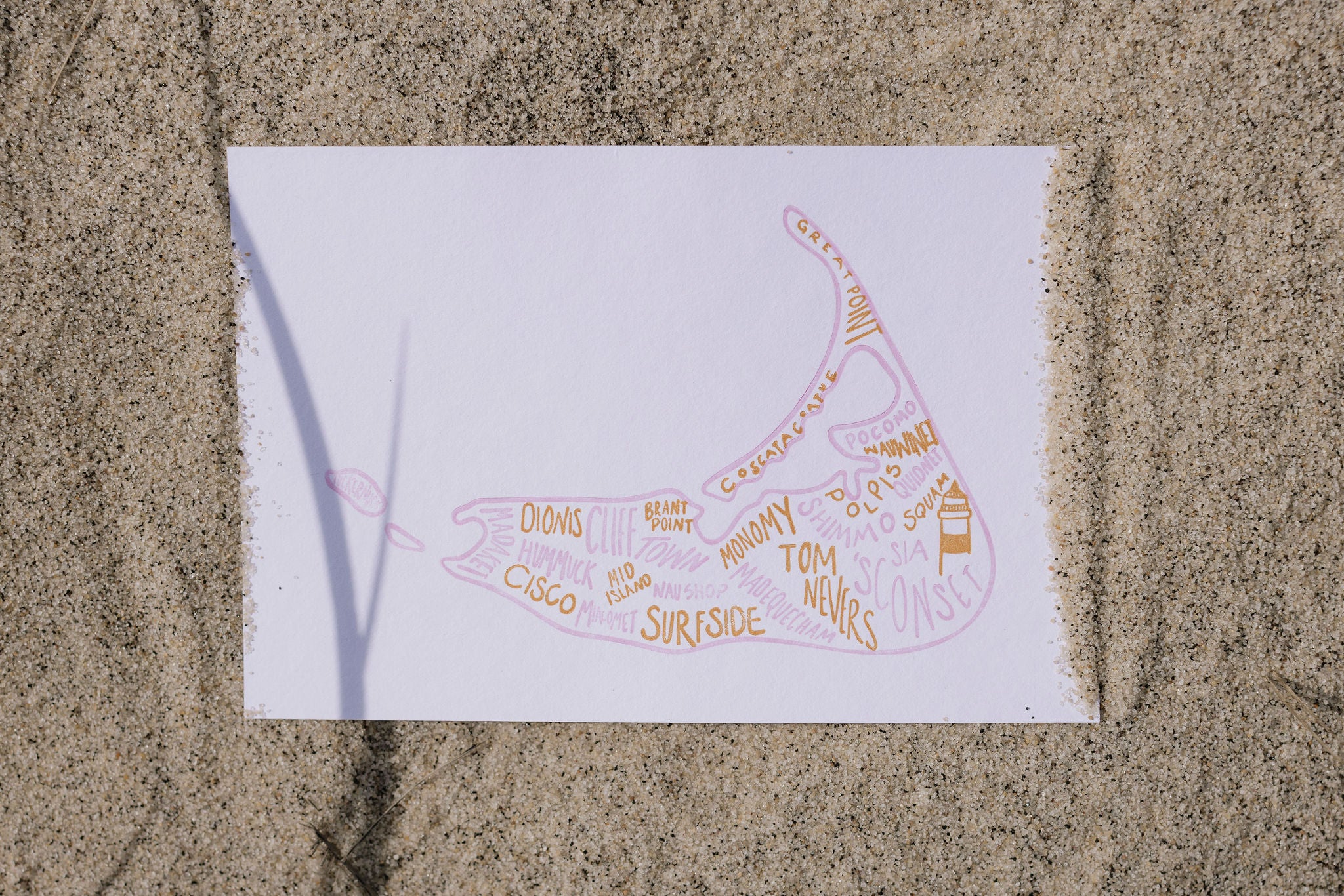 Map of Nantucket on a postcard lying on sand