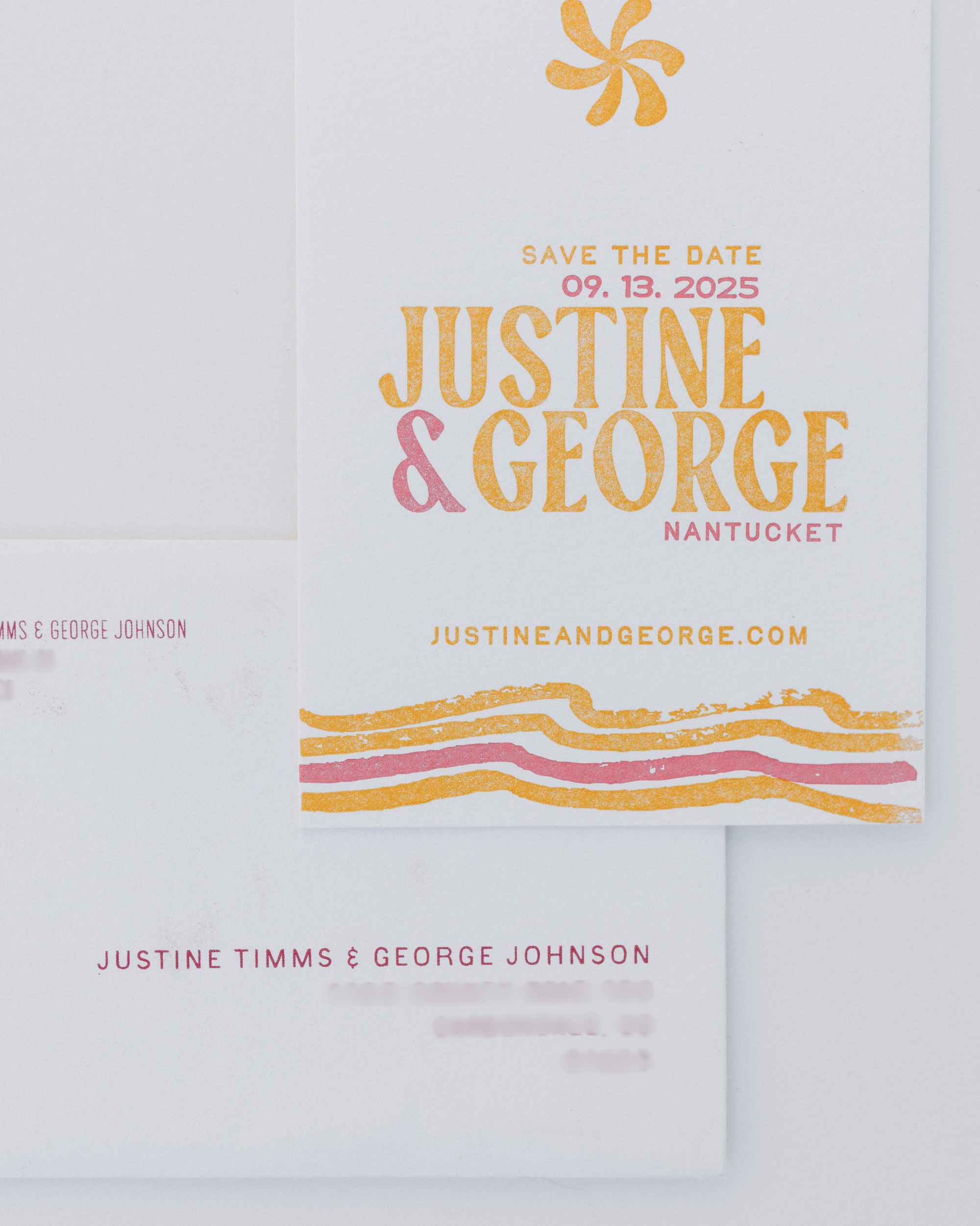 Custom wedding save the date with yellow and pink beach illustrations.