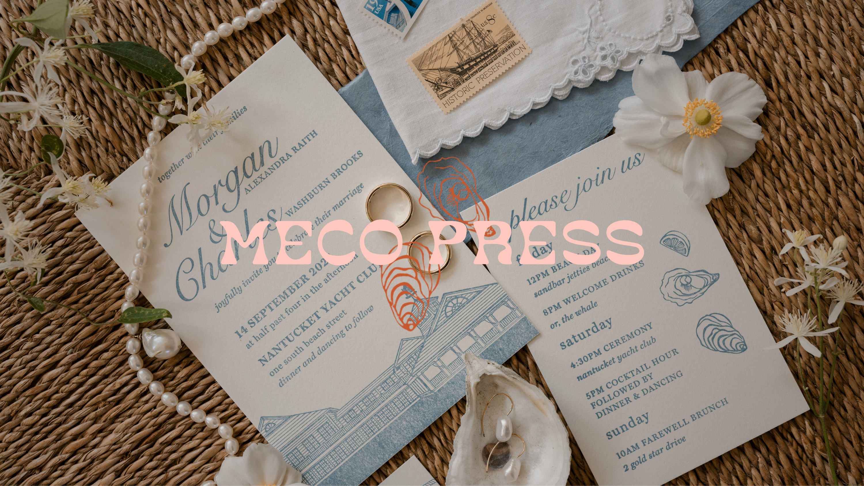 Wedding invitations with decorative elements on a textured surface, featuring the brand 'Meco Press'.