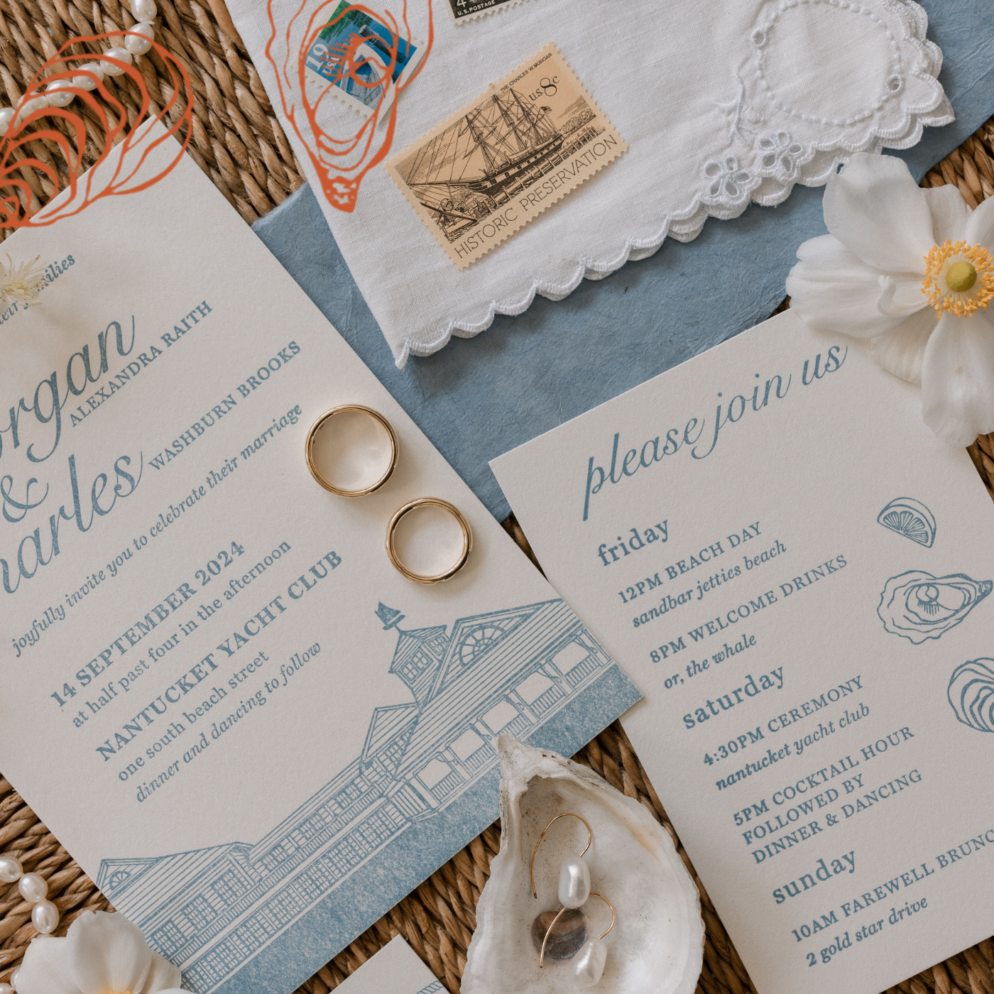 Nantucket Yacht Club wedding invitation with rings and decorative elements on a textured surface.